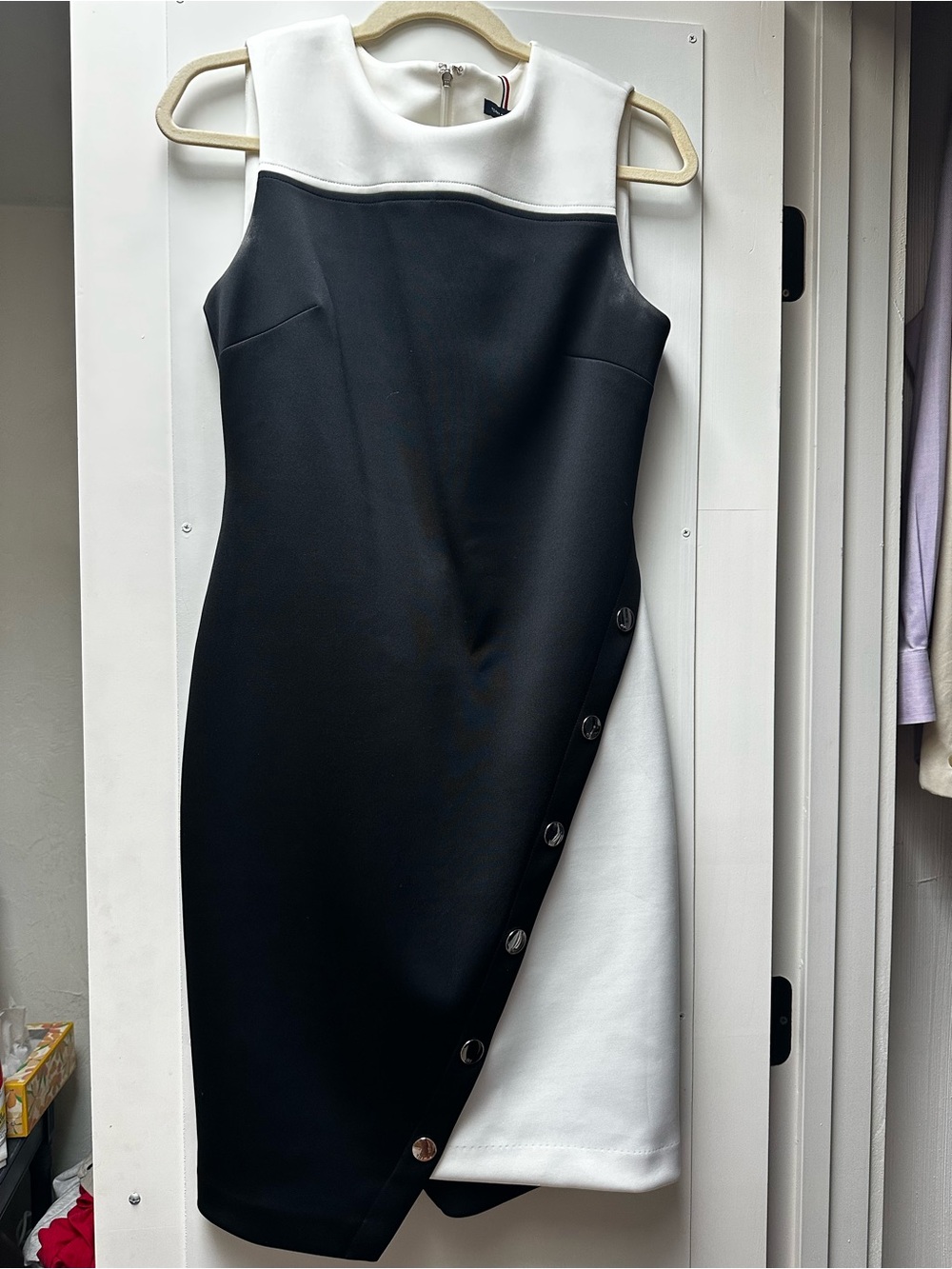 Black & White Sleeveless Sheath Dress with Snap-Detail Trim